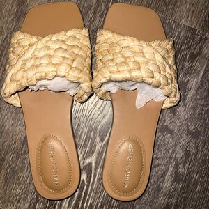Marc Fisher Womens Moral Faux Leather Woven Slide Sandals Beige